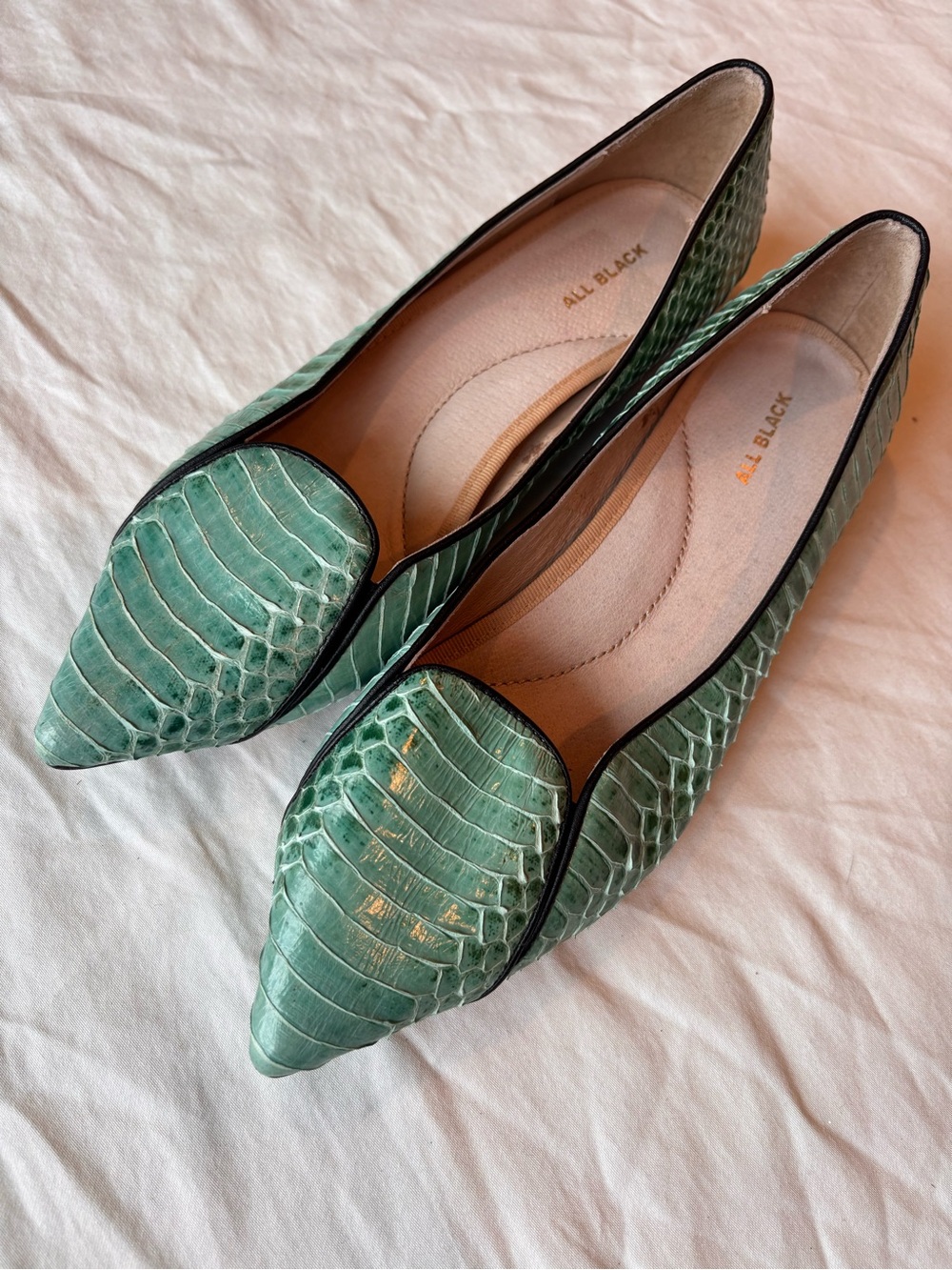 ALL BLACK Green Croc Embossed Leather Pointed Toe Loafer Flats EU 37.5